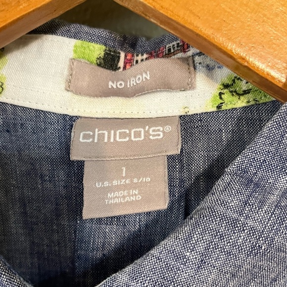 Chicos No Iron. 100% Linen Chambray Blue Shirt Top 3/4 Sleeves Size 1/10 - Picture 7 of 13